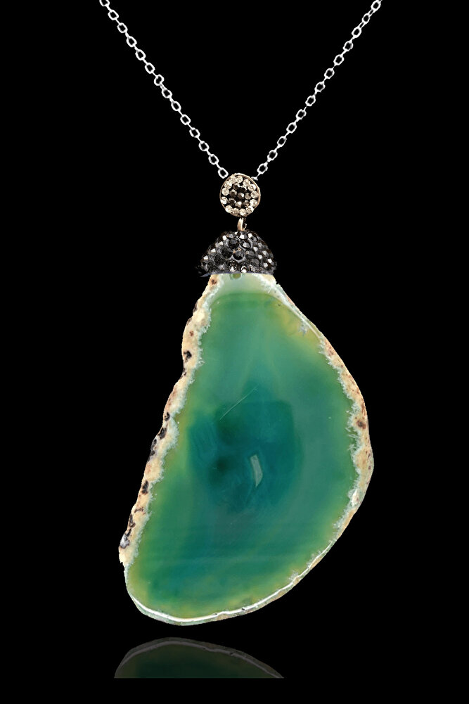 Sertifikalı Zirkon Taşlı Plaka Yeşil Akik Taşı Kolye