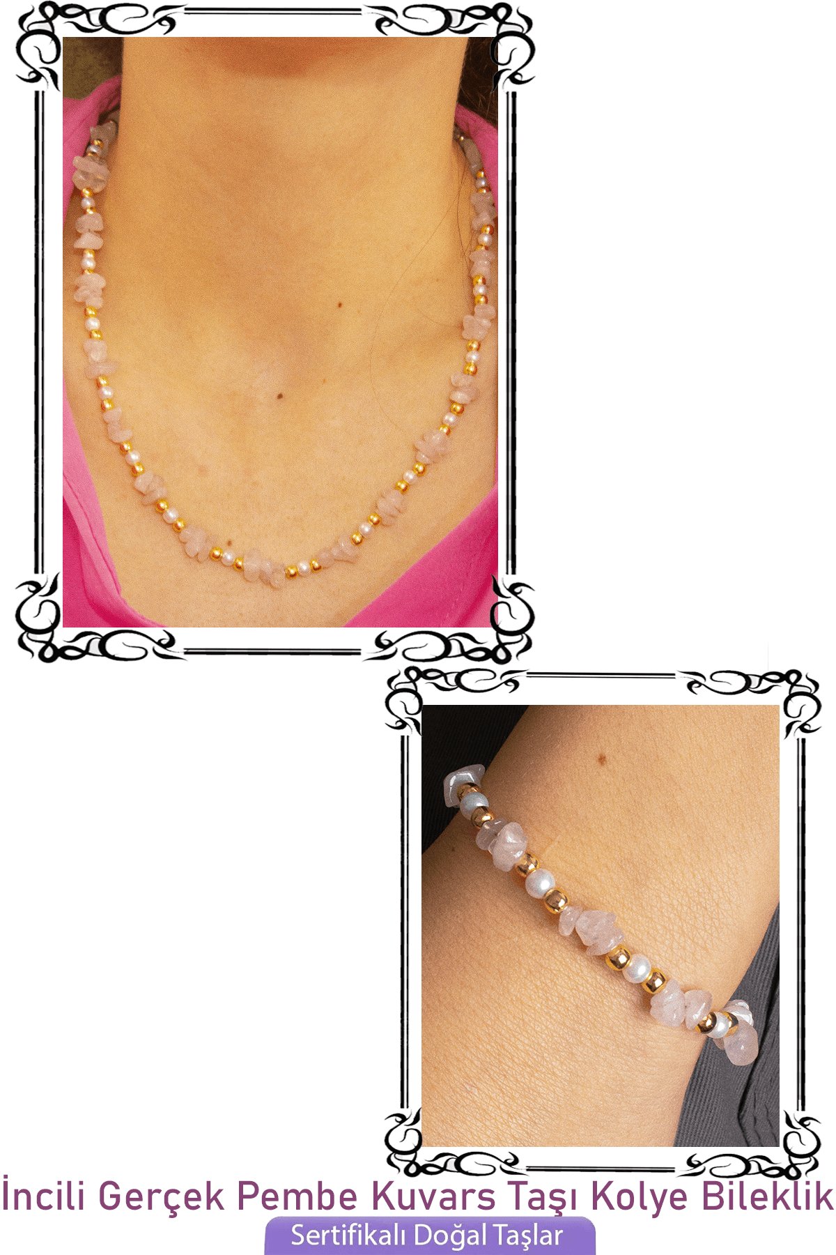 Sertifikalı İncili Pembe Kuvars Taşlı Doğal Taş Kolye Bileklik Seti