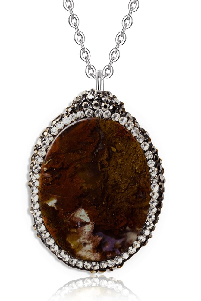 Sertifikalı  Zirkon Işlemeli Doğal Yosun Akik Taşı Kolye