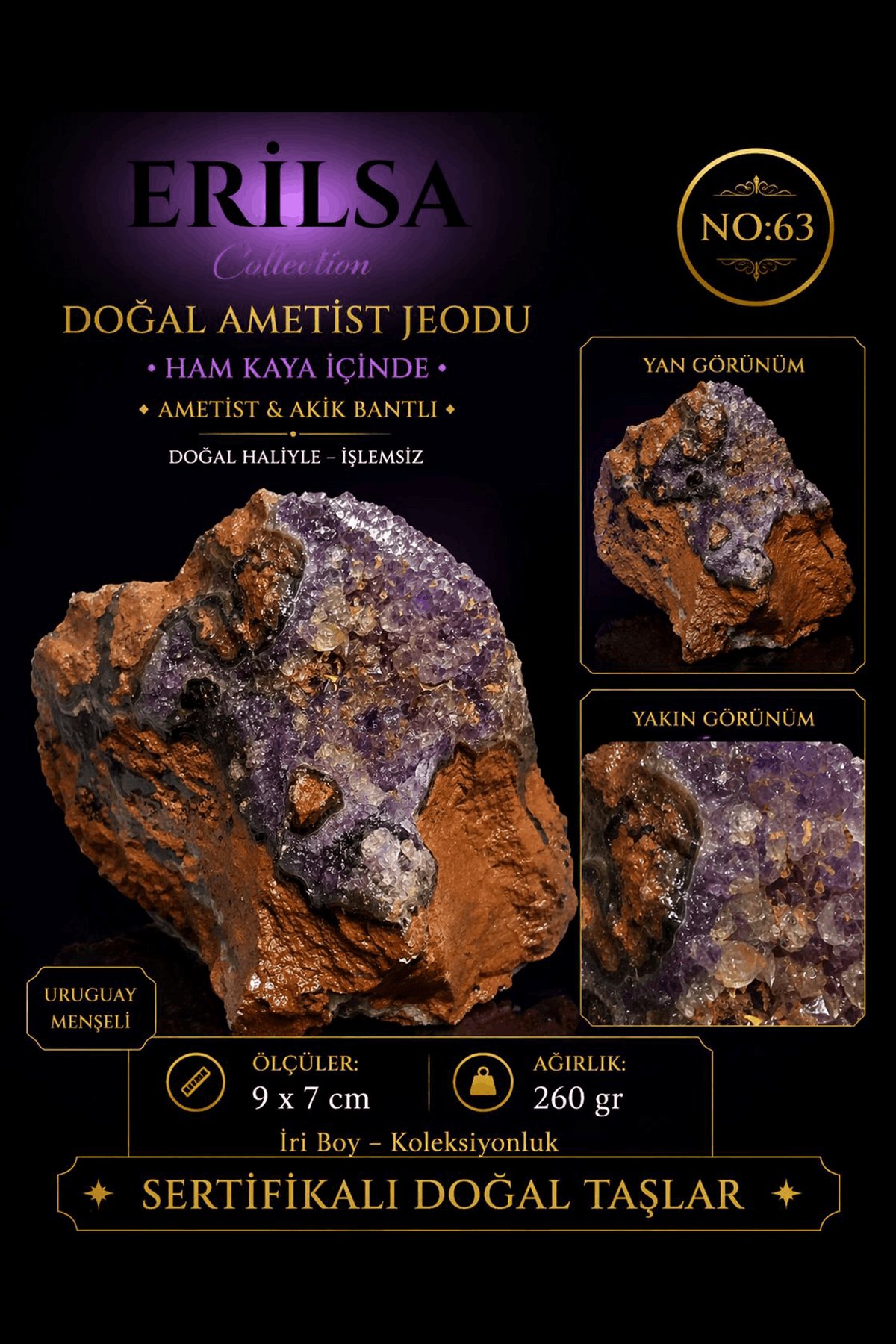 Sertifikalı Doğal Ametist Jeodu Akik Bantlı Kristal Kuvars Kaya Parçası NO63