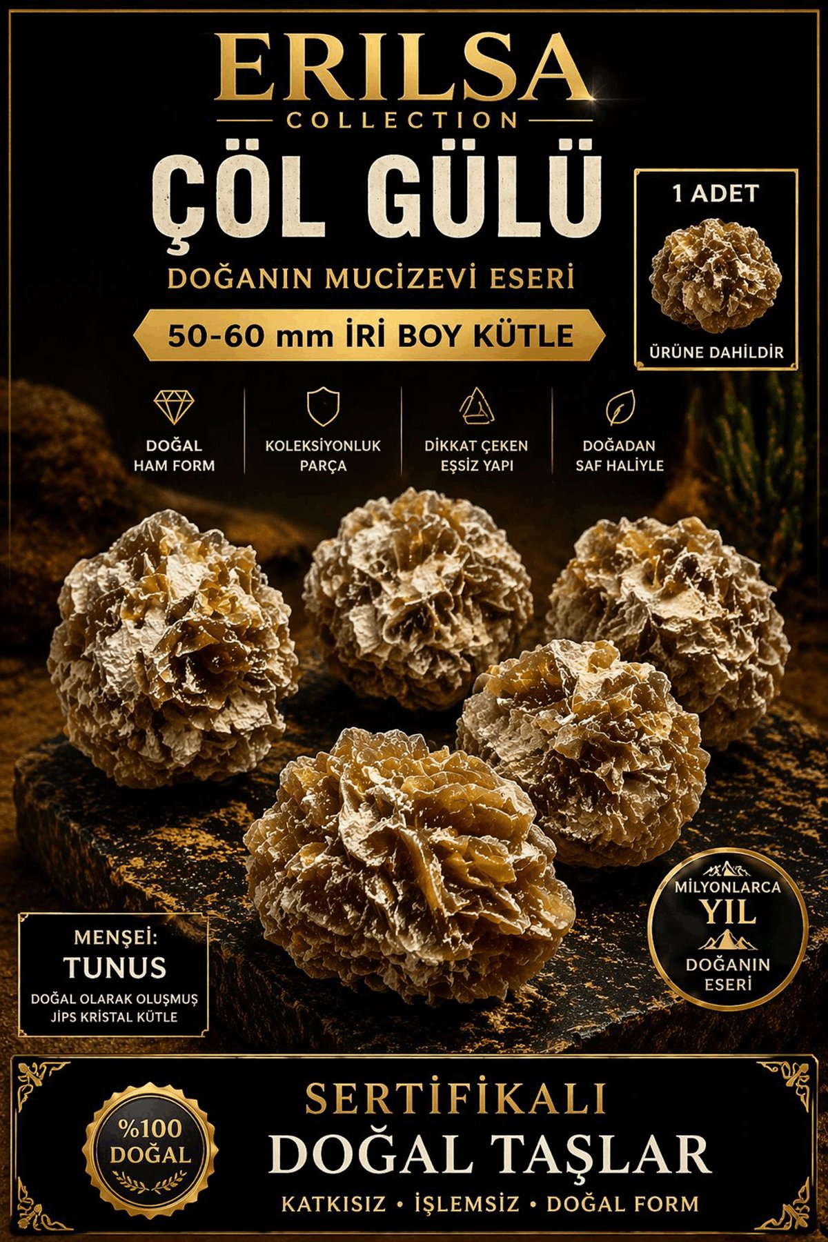 Sertifikalı Küre Çöl Gülü Taşı Kütle - 50-70 mm İri Boy Doğal Jips Kristal Toplu