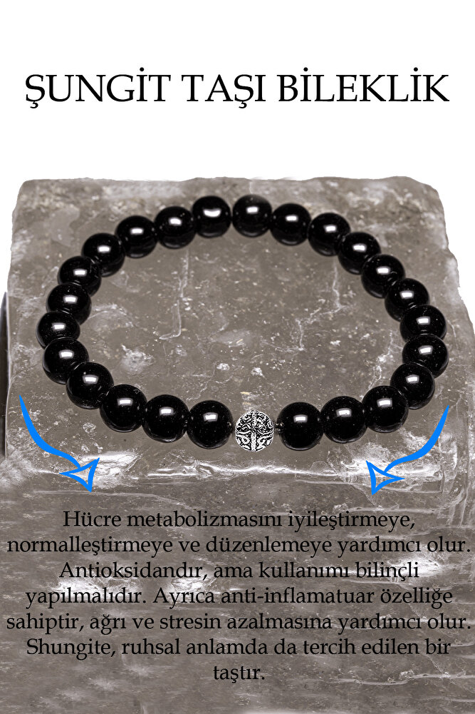 Sertifikalı A Kalite Shungite - Şungit Taşı Bileklik - Gümüş Aparatlı