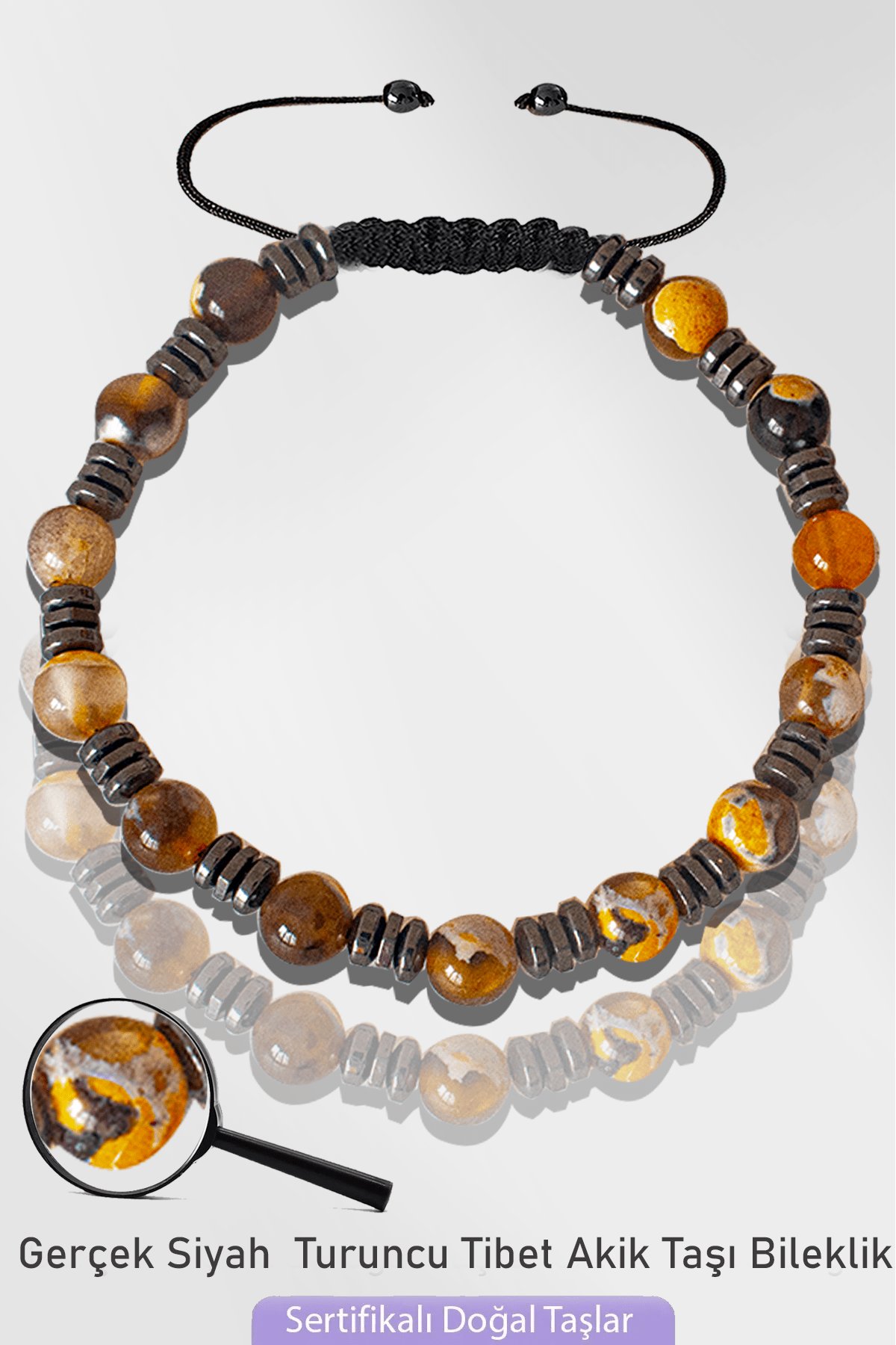 Sertifikalı Silver Hematitli Doğal Siyah Turuncu Akik Taşı Bileklik - Tibet Akiği