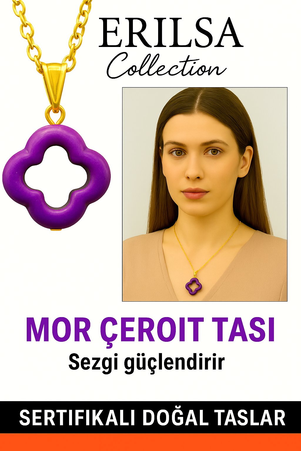 Sertifikalı Gold Yonca Model Mor Çeroit Taşı Kolye Sezgi Güçlendirir