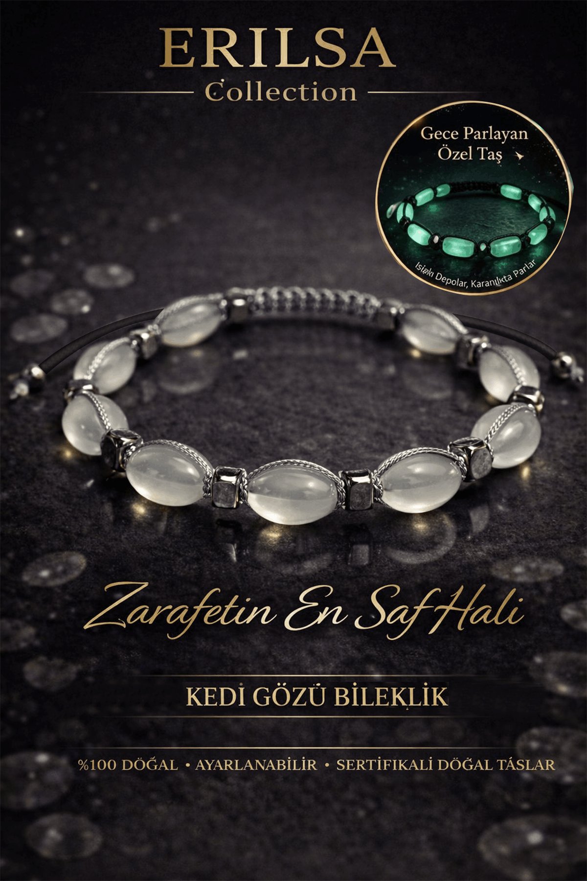 Sertifikalı Kedi Gözü Bileklik - 10mm Tombul Beyzi Fosforlu Gece Parlayan Akrilik Makrome