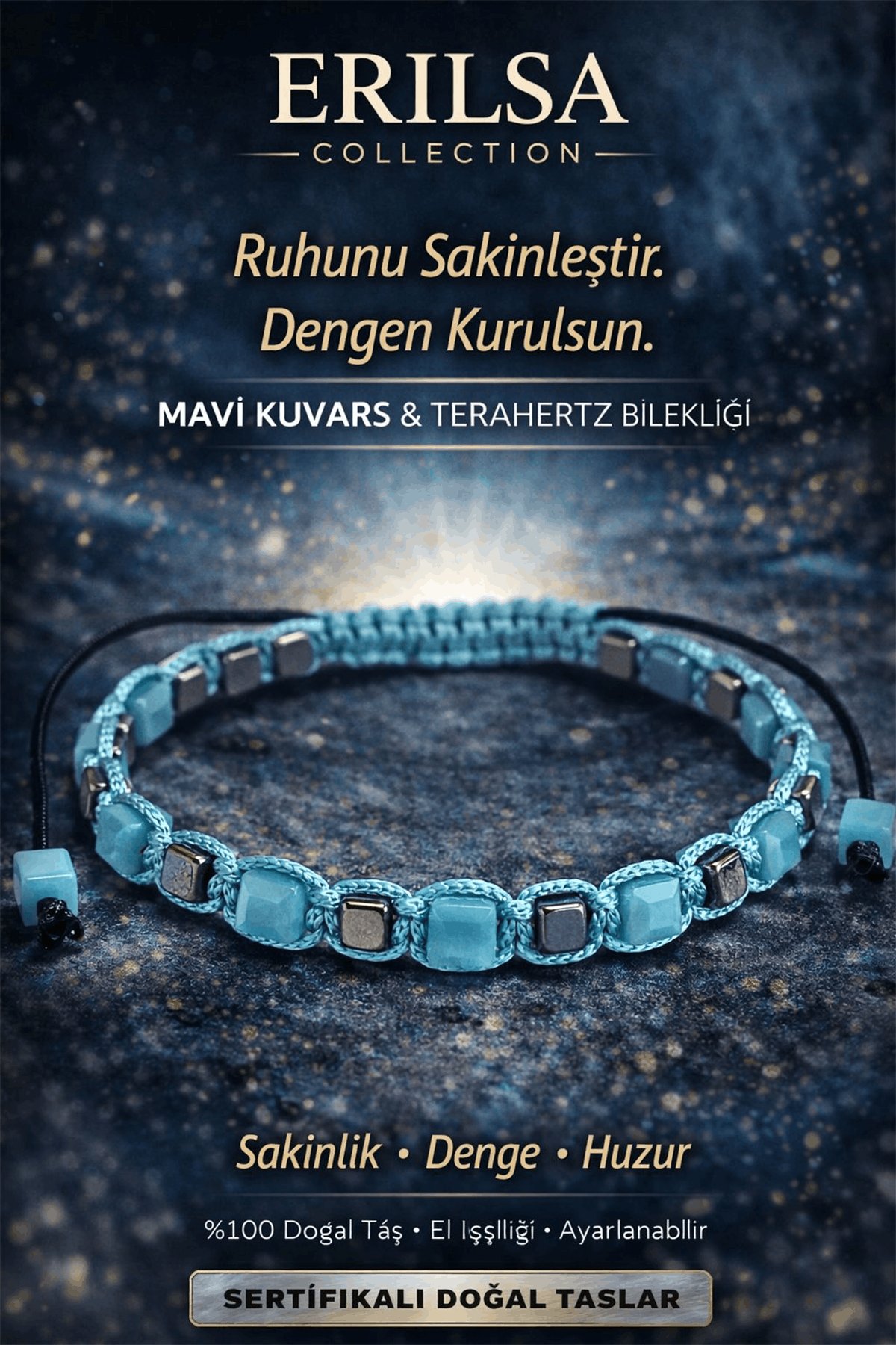 Sertifikalı Doğal Taş Mavi Kuvars Terahertz Bileklik Küp Kesim Fasetli Sakinlik Denge Bilekliği Unisex Ayarlanabilir