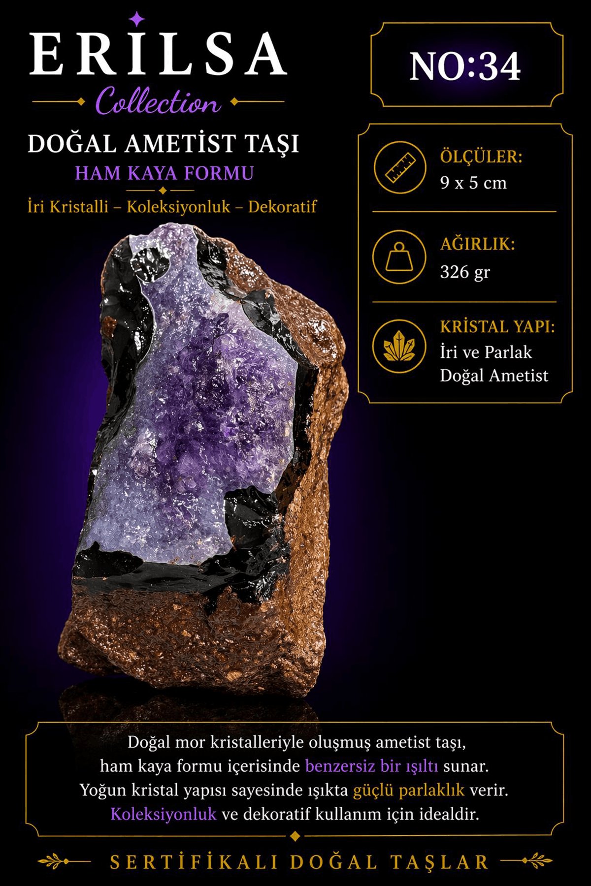 Sertifikalı Doğal Ametist Taşı Kütle - Ham Kaya İri Kristalli Koleksiyonluk Dekoratif NO34