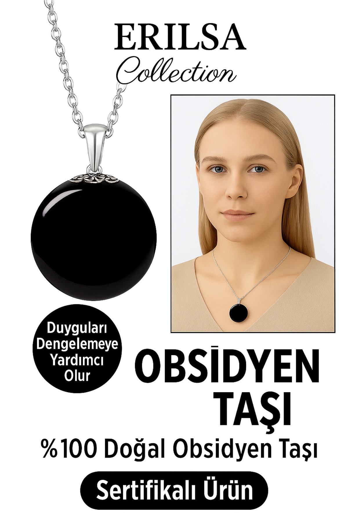 Sertifikalı Siyah Obsidyen Taşı Kolye – Koruyucu Kalkan