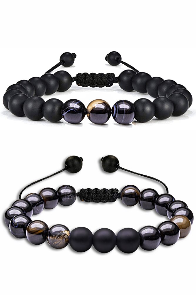 Sertifikalı Doğal Siyah Akik Oniks Taşı Doğal Taş Bileklik Seti