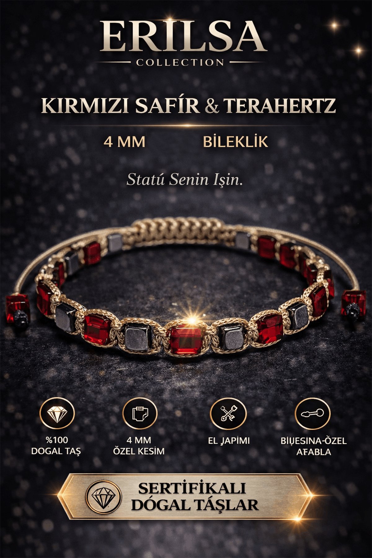 Sertifikalı Kırmızı Safir Terahertz Bileklik 4 MM Doğal Taş Unisex Ayarlanabilir