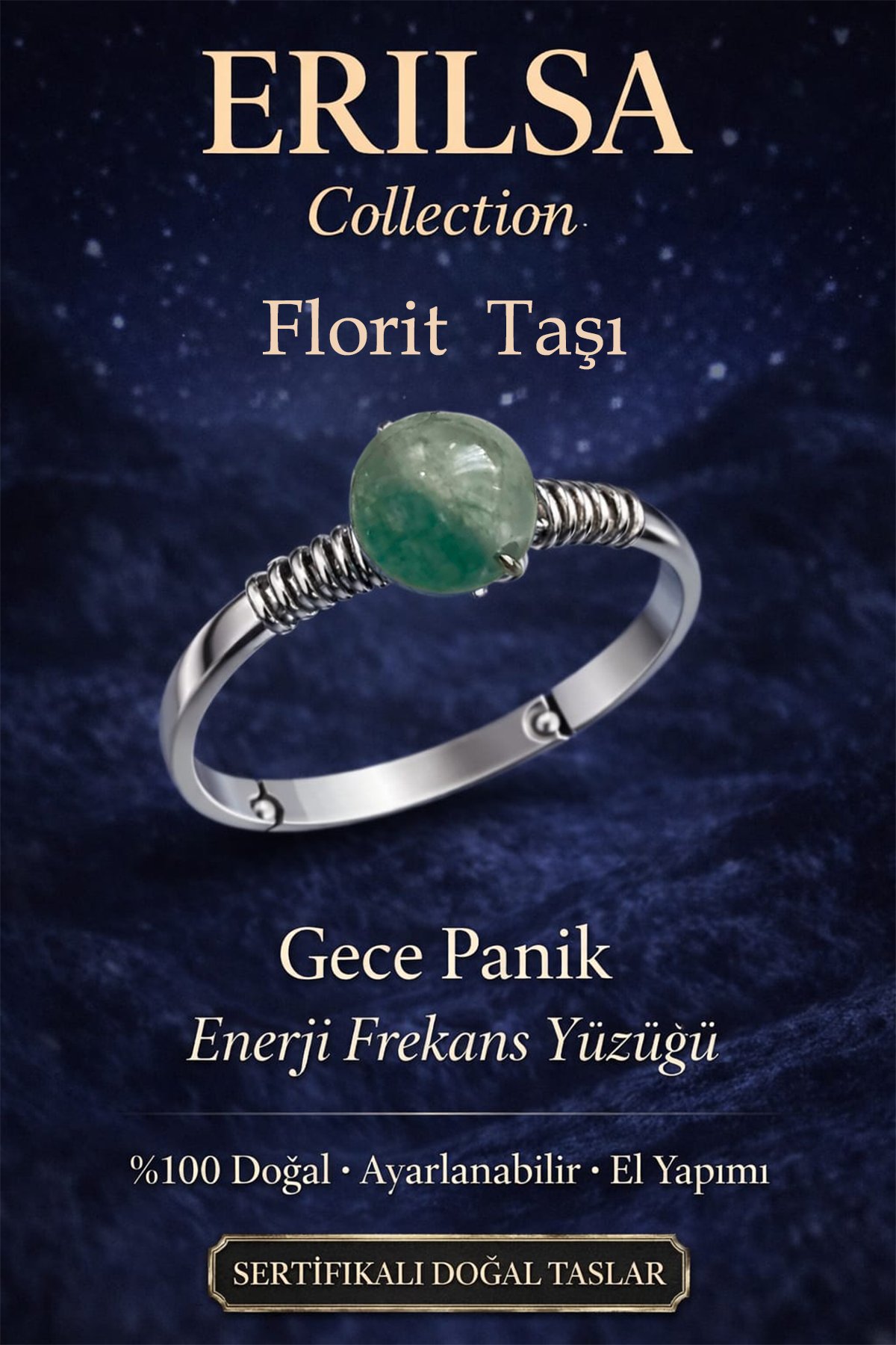 Sertifikalı Gece Panik Enerji Yüzüğü – Florit Taşı Ayarlanabilir İnce Kasa Kova Balık Terazi Burcu