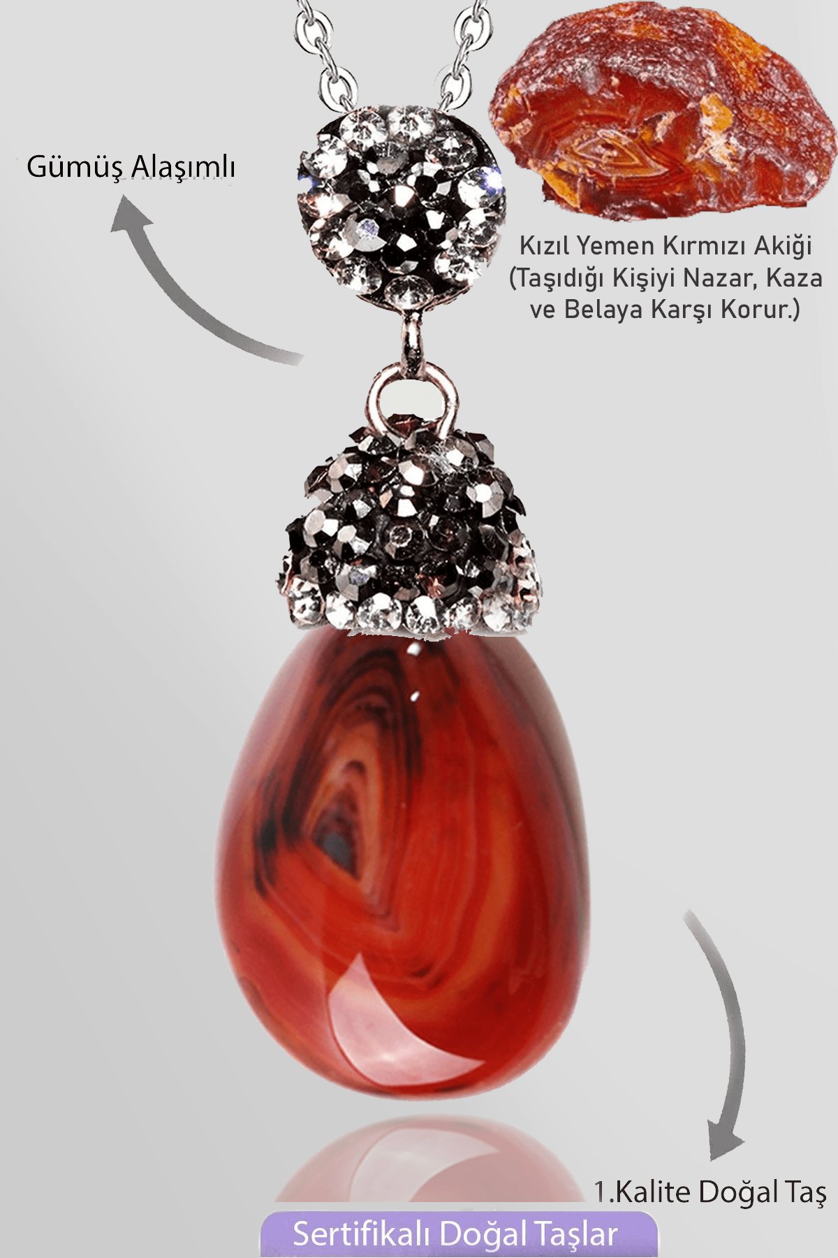 Sertifikalı Zirkon Taşlı Model Ham Kızıl Yemen Akik Taşı Kolye