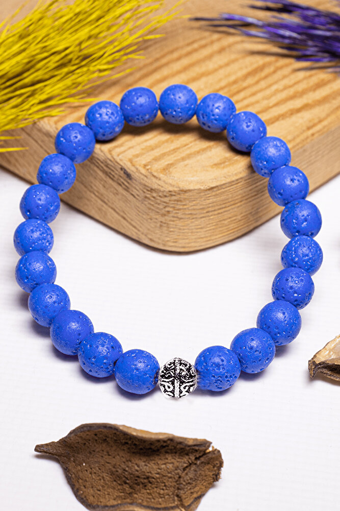 Sertifikalı Gerçek Volkanik Mavi Lav Taşı Bileklik - Gümüş Aparatlı