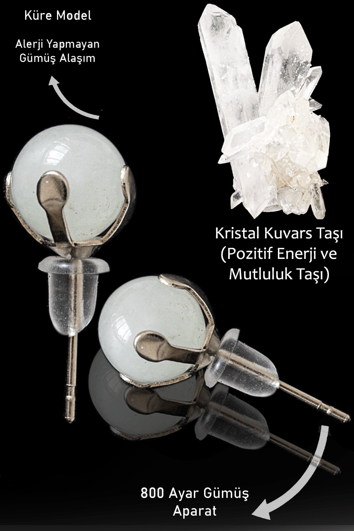 Sertifikalı Orijinal Gerçek Kristal Kuvars Taşı Nokta Doğal Taş Küpe