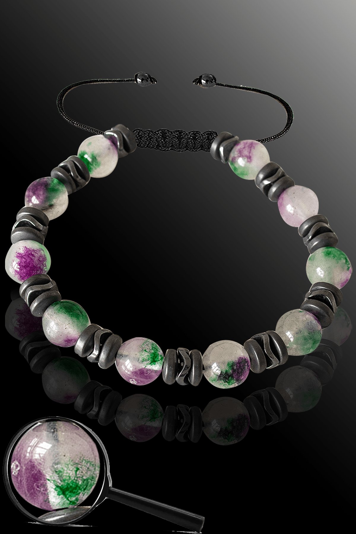 Sertifikal Mat Hematit - Yosunlu Kuvars Taşı Bileklik - Ayarlamalı