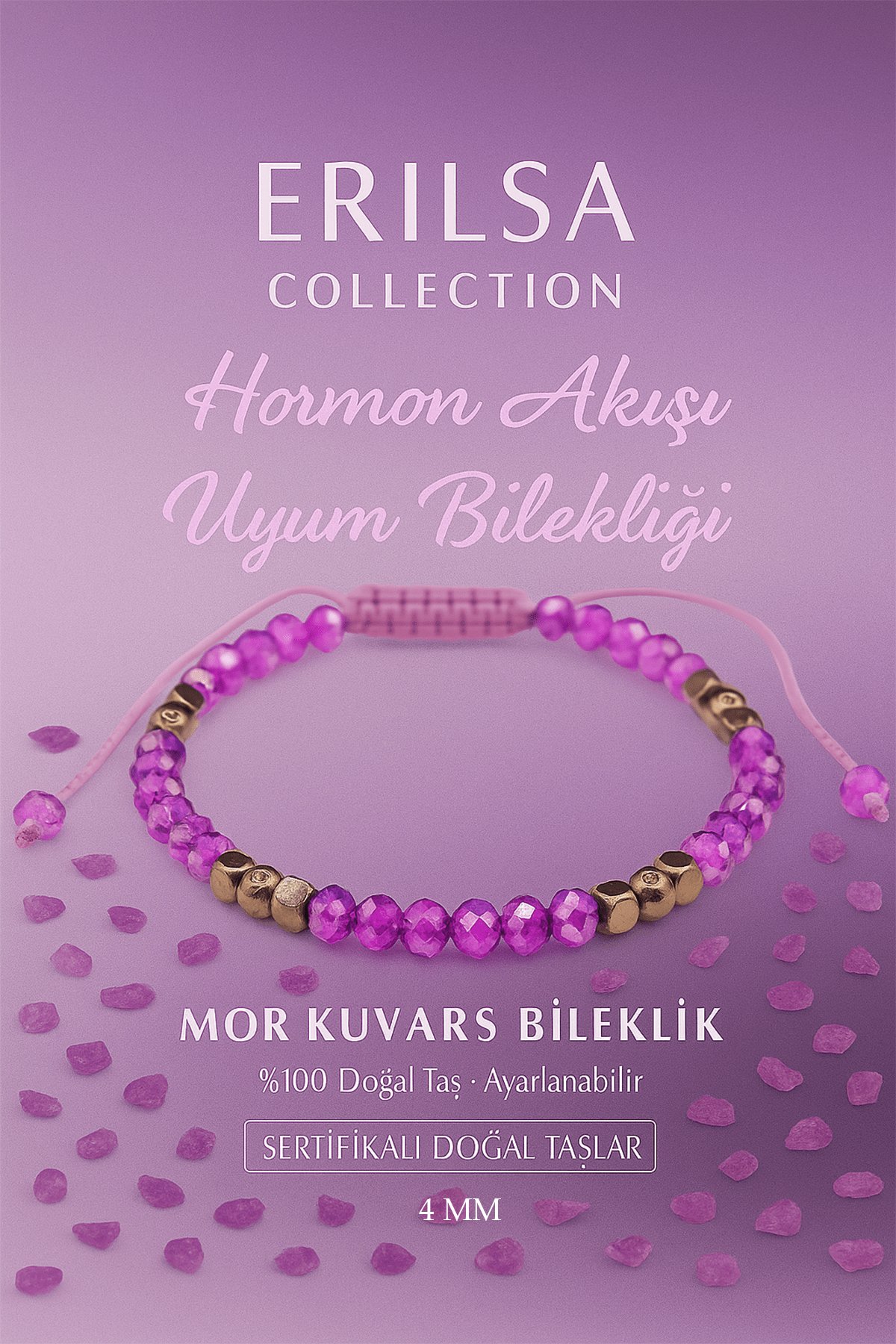 Sertifikalı Hormon Akışı Uyum Bilekliği - Mor Kuvars Terahertz Doğal Taş 4 mm