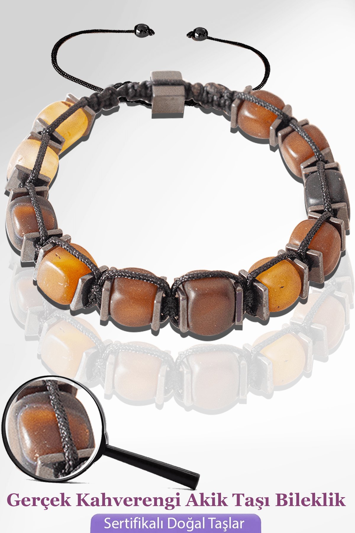 Sertifikalı Küp Model Ham Kahverengi Akik Taşı Bileklik - Ayarlamalı