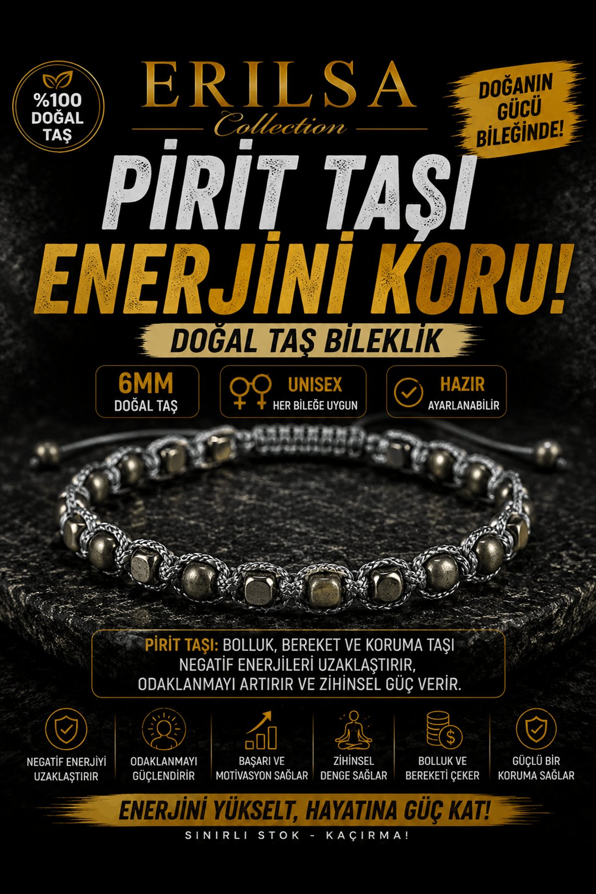 Sertifikalı Pirit Taşı Doğal Taş Bileklik 6 MM Ayarlanabilir Unisex Premium Model - Enerjini Koru