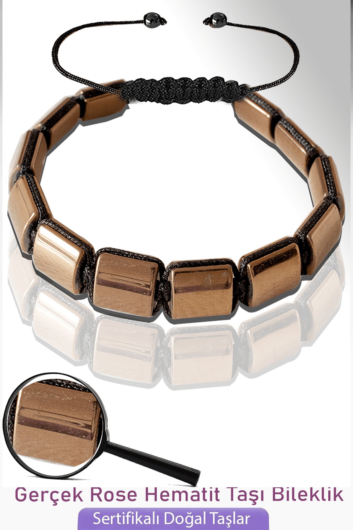 Sertifikalı Kare Model Gerçek Rose Hematit Taşı Bileklik - Ayarlamalı