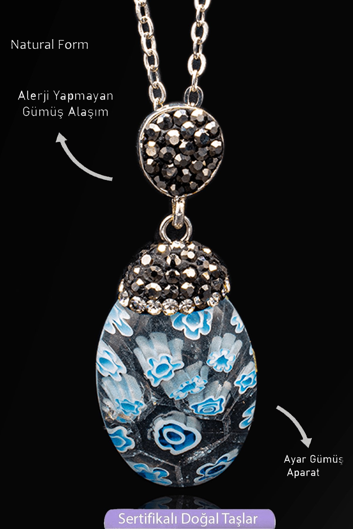 Sertifikalı Zirkon Taşlı Model Mavi Beyaz Murano Kuvars Taşı Kolye