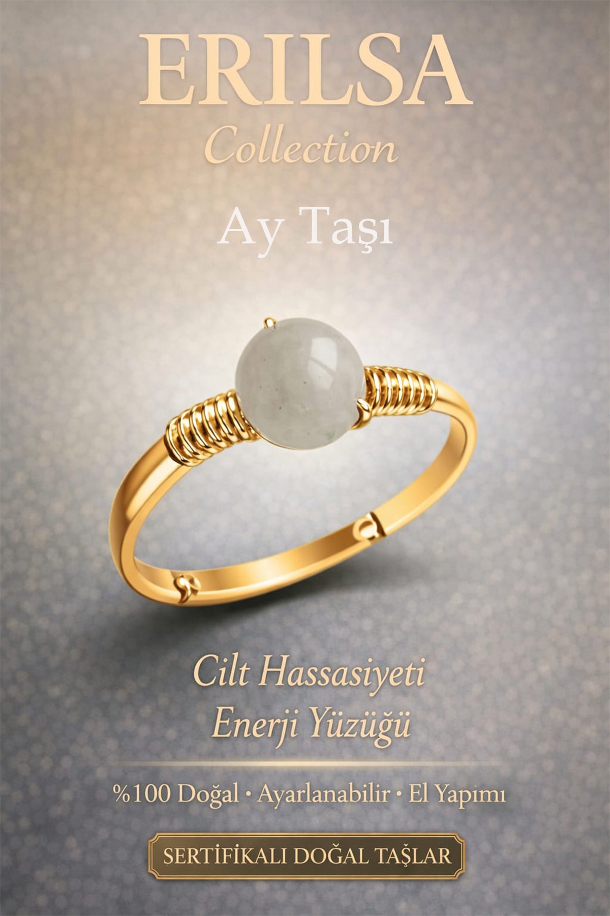 Sertifikalı Cilt Hassasiyeti Enerji Yüzüğü – Ay Taşı Ayarlanabilir Gold İnce Yengeç Terazi Burç