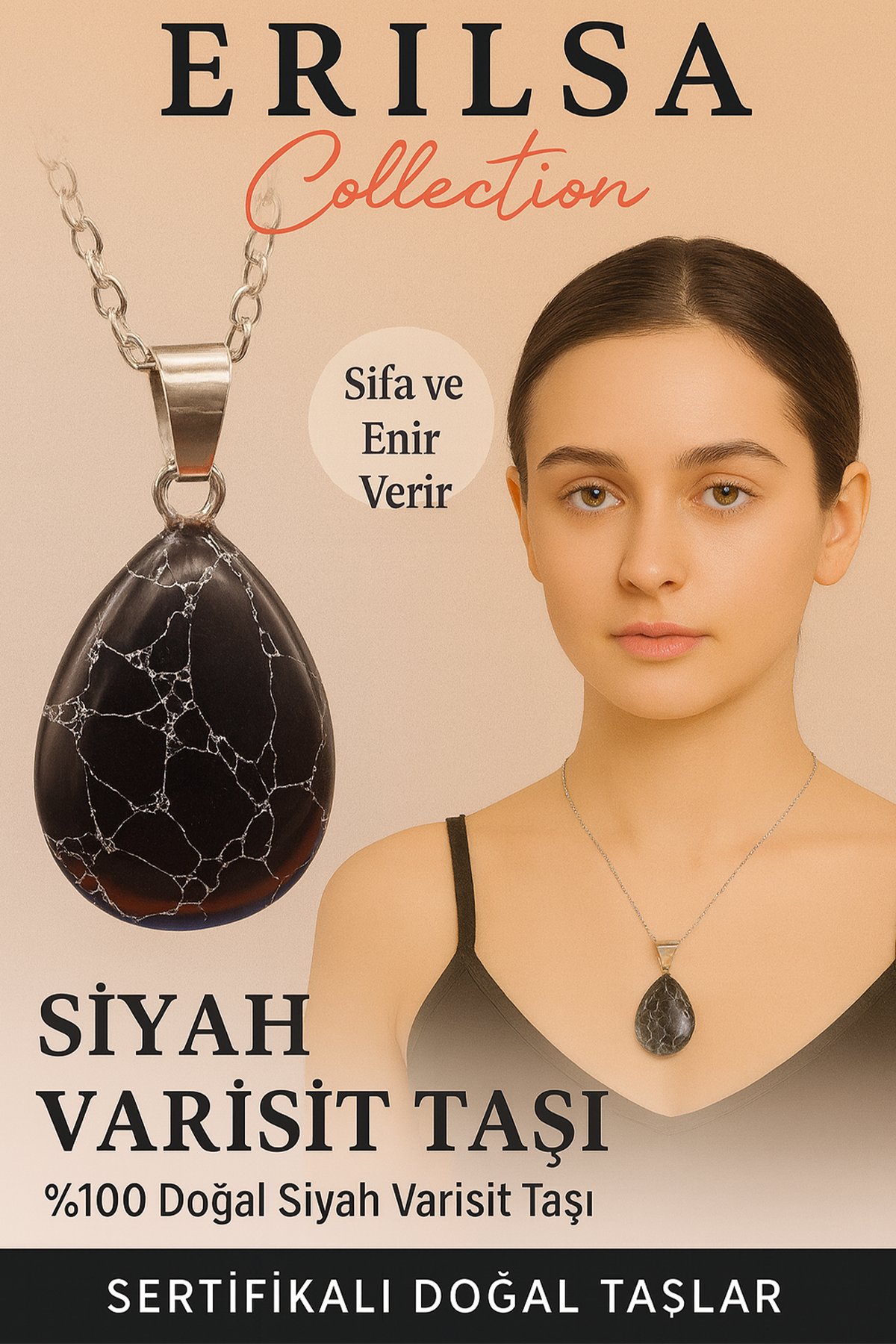 Sertifikalı Damla Model Siyah Varisit Taşı Kolye - Şifa ve Enerji Veren Doğal Taş