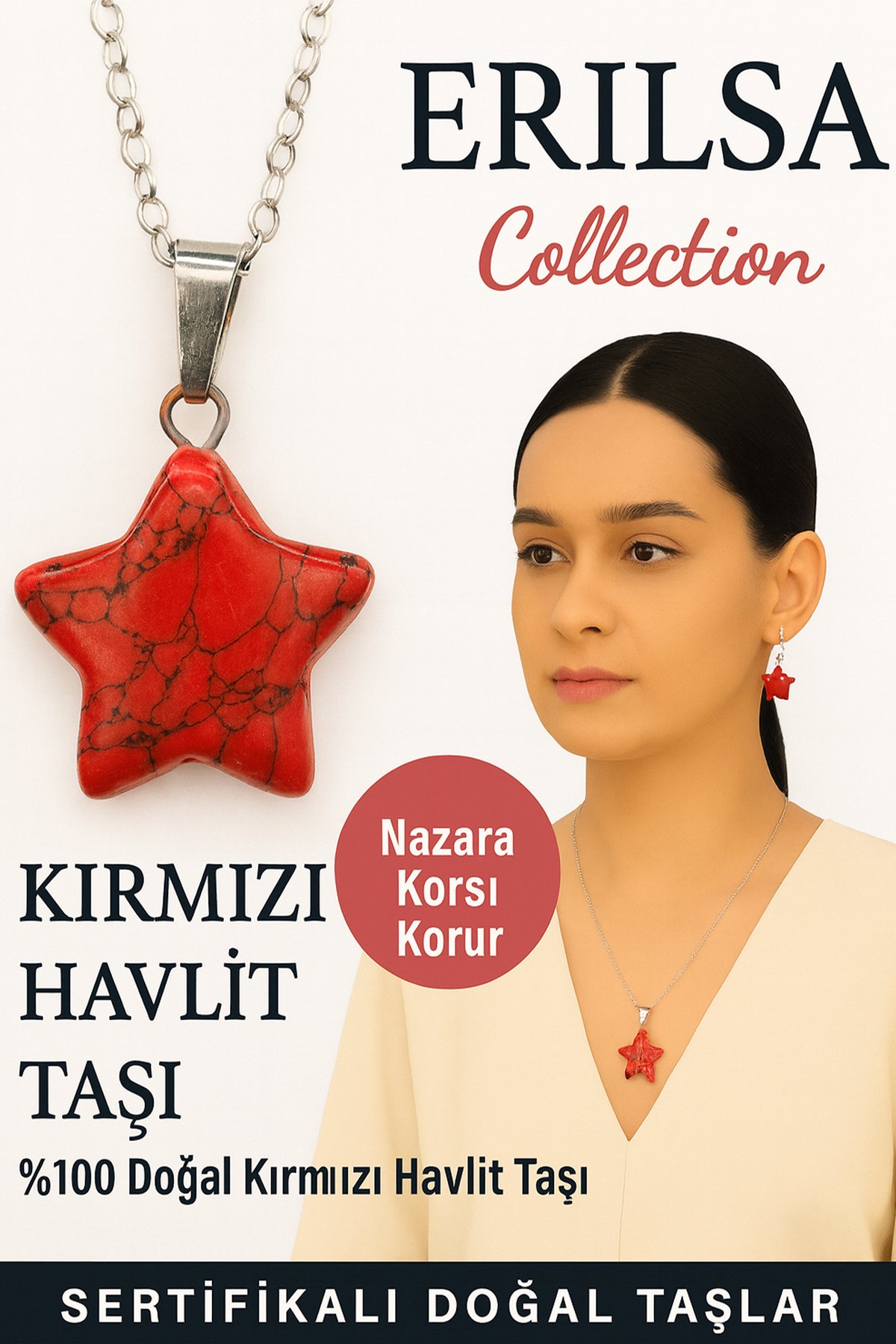 Sertifikalı Yıldız Model Kırmızı Havlit Doğal Taş Kolye – Nazara Karşı Korur