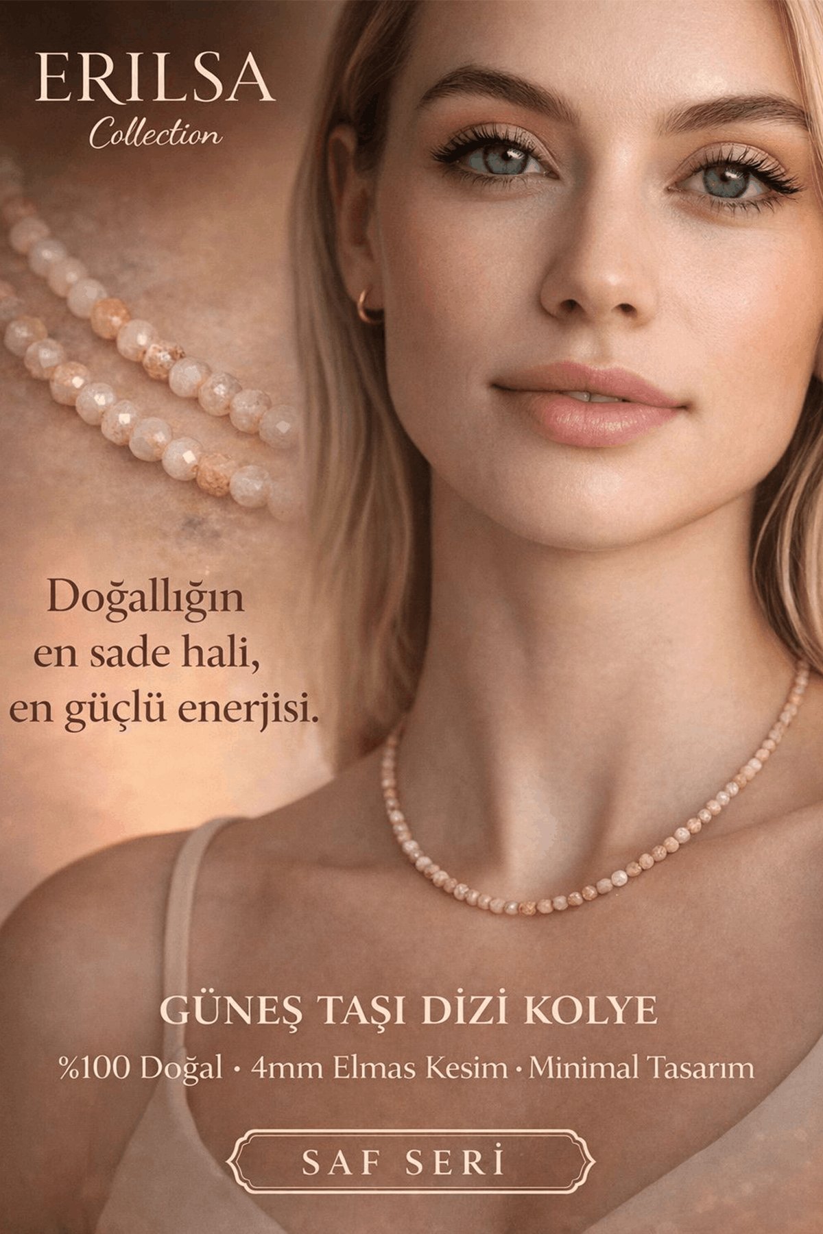 Sertifikalı Güneş Taşı Dizi Kolye - 4mm Elmas Kesim Minimal Seri Doğal Taş Kolye