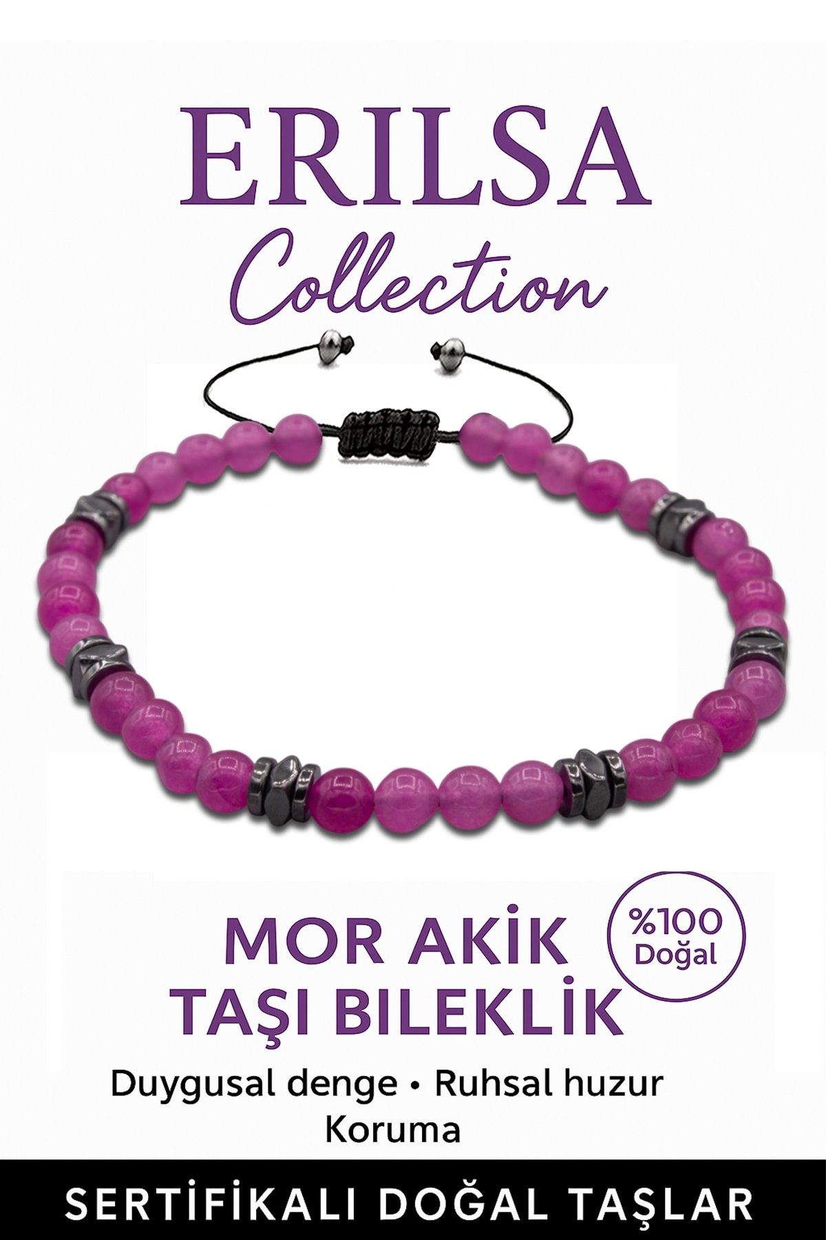 Sertifikalı Fasetli AAA+ Terahertz ve Mor Akik Taşı  Bileklik – İnce Model Duygusal Denge