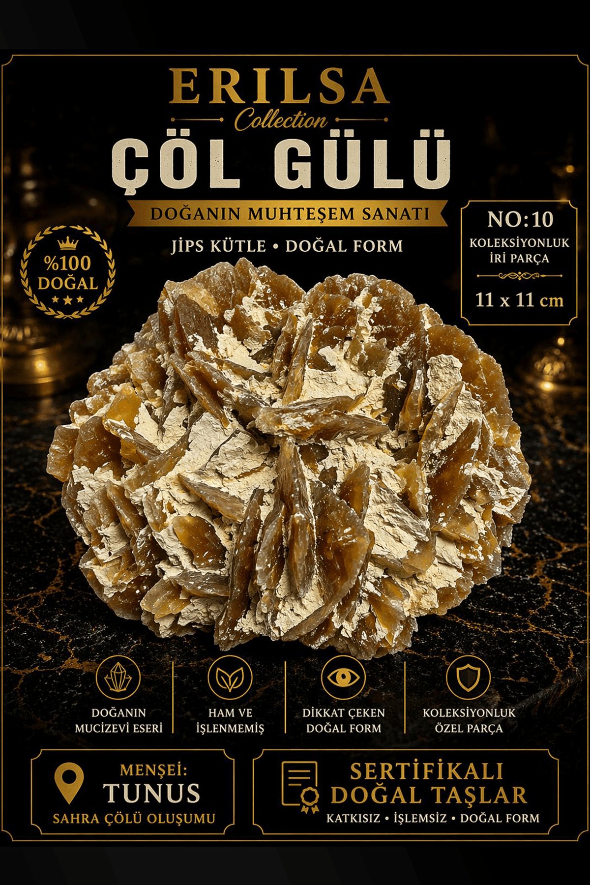 Sertifikalı Çöl Gülü Taşı Kütle - 11x11 cm Koleksiyonluk İri Doğal Jips Kütle