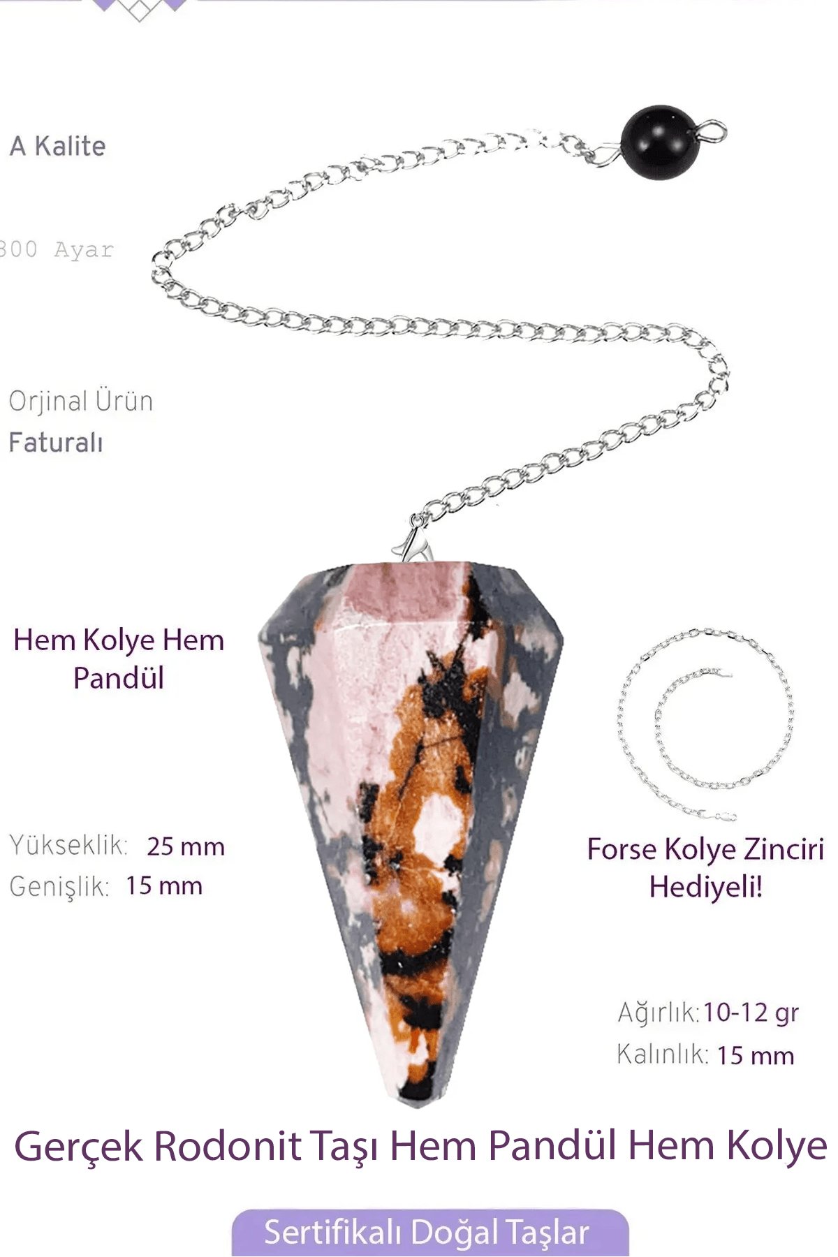 Sertifikalı Rodonit Taşı Pandül Sarkaç Hem Pandül - Hem Kolye
