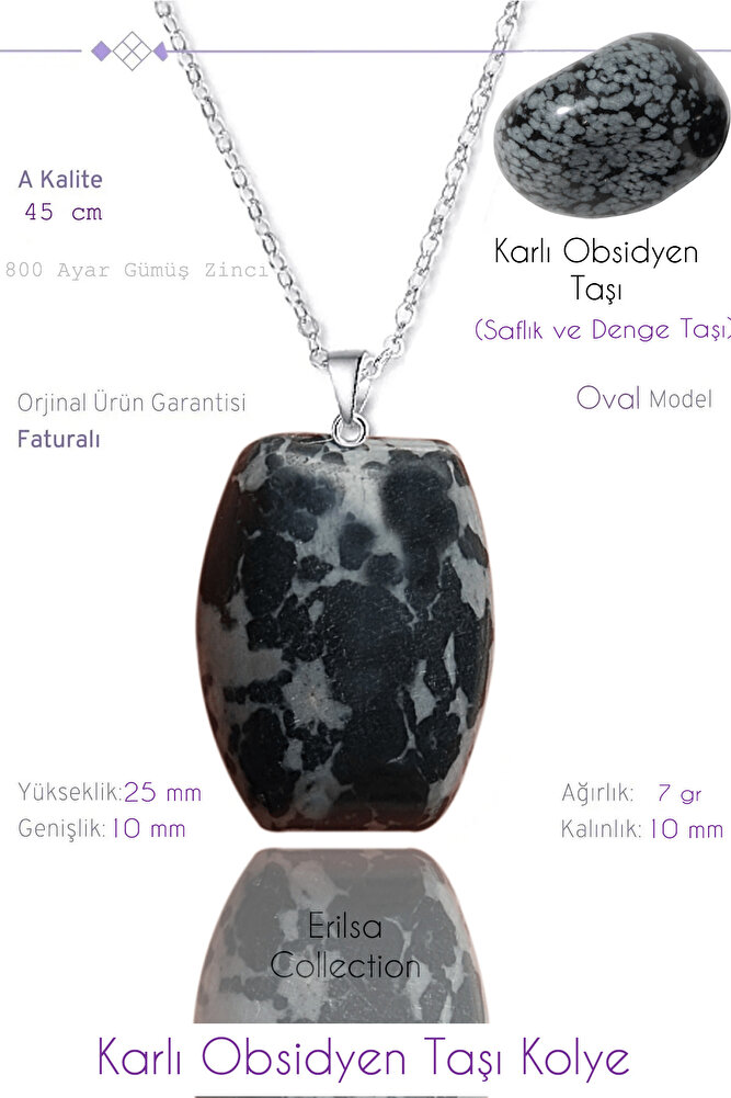 Sertifikalı Oval Model Karlı Obsidyen Taşı Kolye