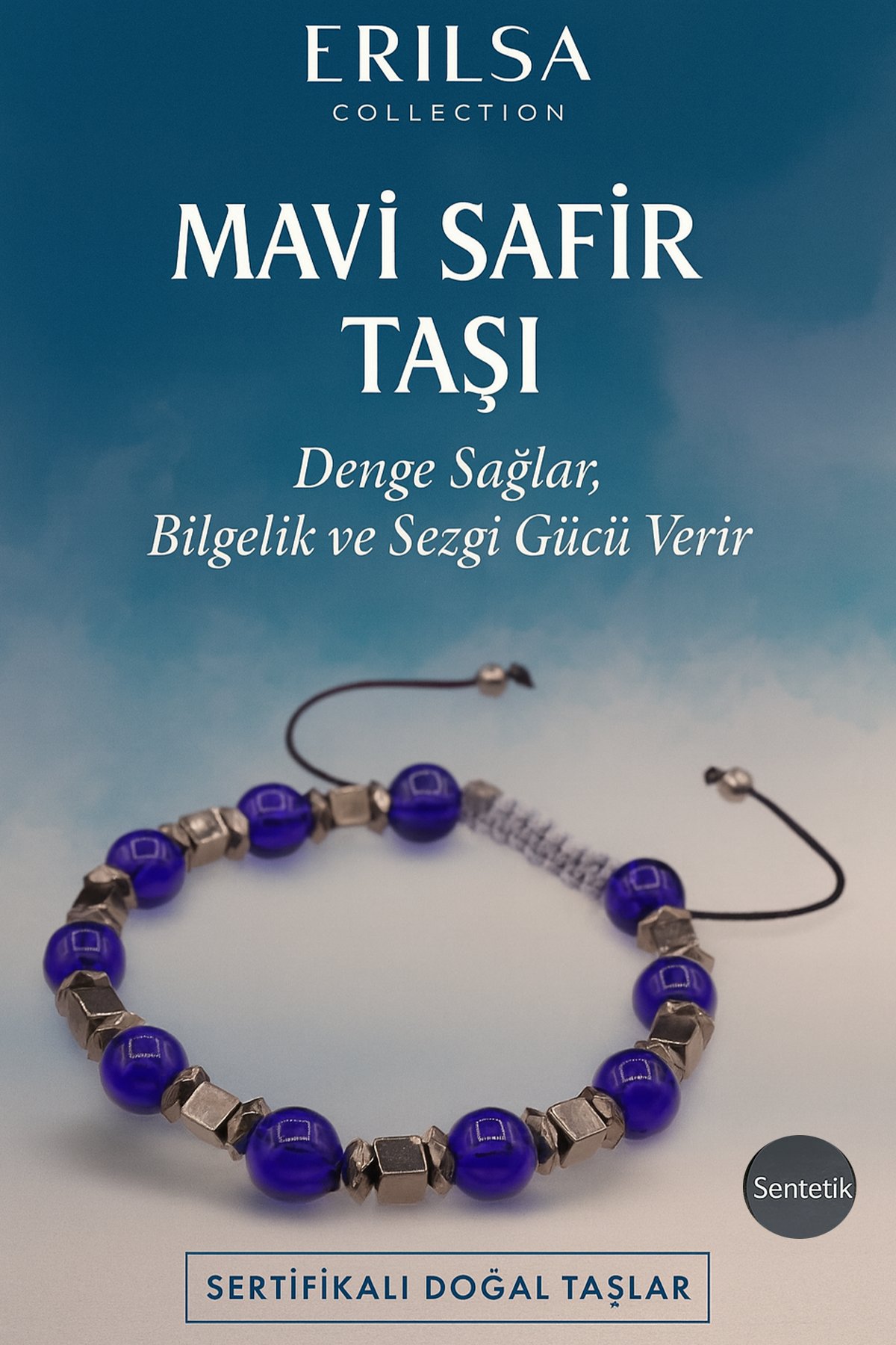 Sertifikalı Sentetik Mavi Safir Taşı Bileklik – Bilgelik, Sezgi ve Denge Enerjisi