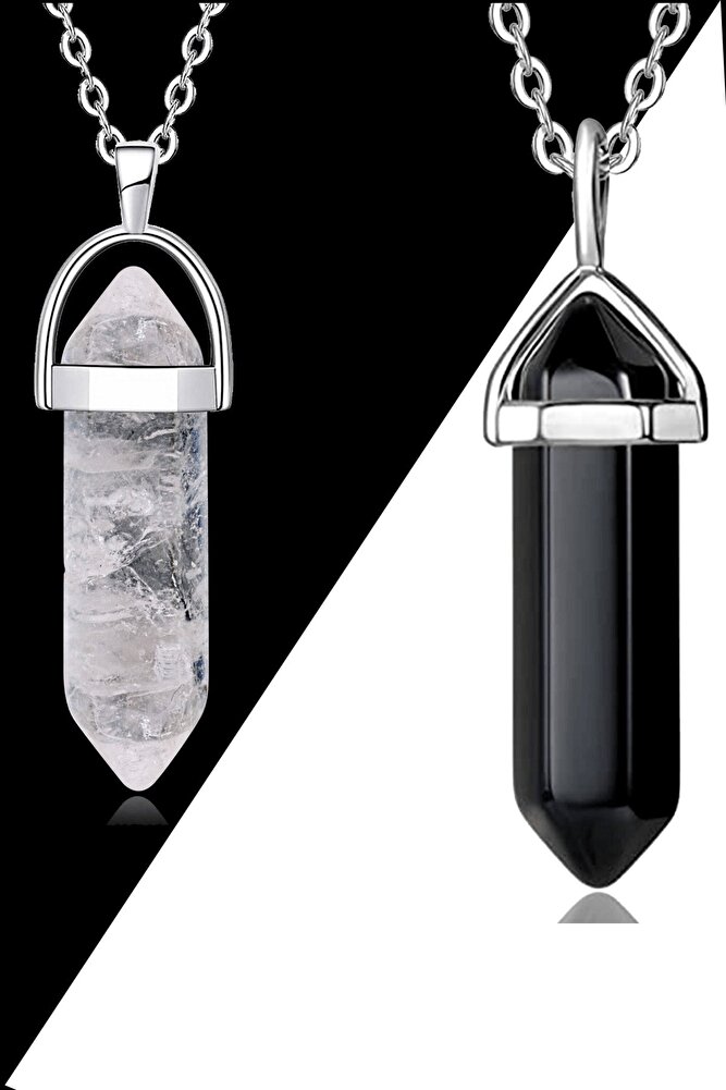 Sertifikalı Çivi Model Kristal Kuvars-obsidyen Doğal Taş Çift Sevgili Kolyeleri