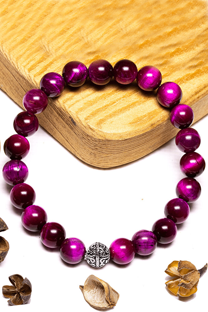 Sertifikalı Aaa+ Pembe Kaplan Gözü Taşı Bileklik - Gümüş Aparatlı