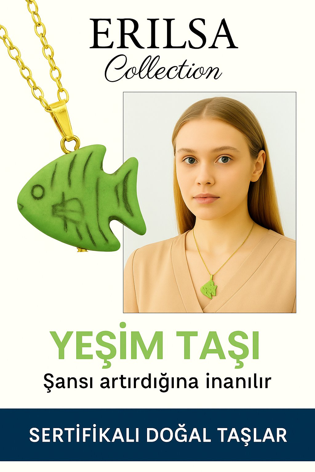 Sertifikalı Sarı Renkli Balık Model Yeşim Taşı Kolye – Şans, Huzur ve Bolluk Taşı