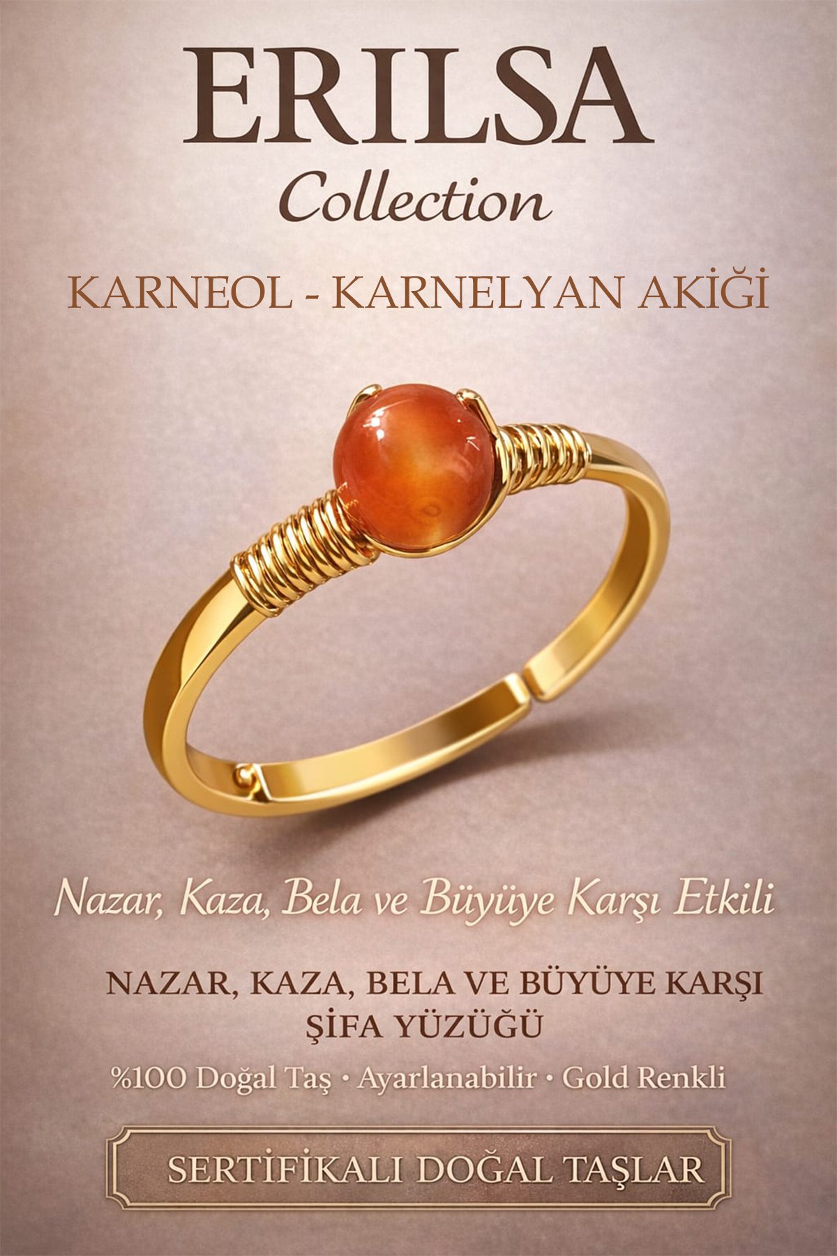 Sertifikalı Nazar Kaza Bela Koruma Yüzüğü - Karneol Karnelyan Akik Gold Ayarlamalı Koç Başak Burcu