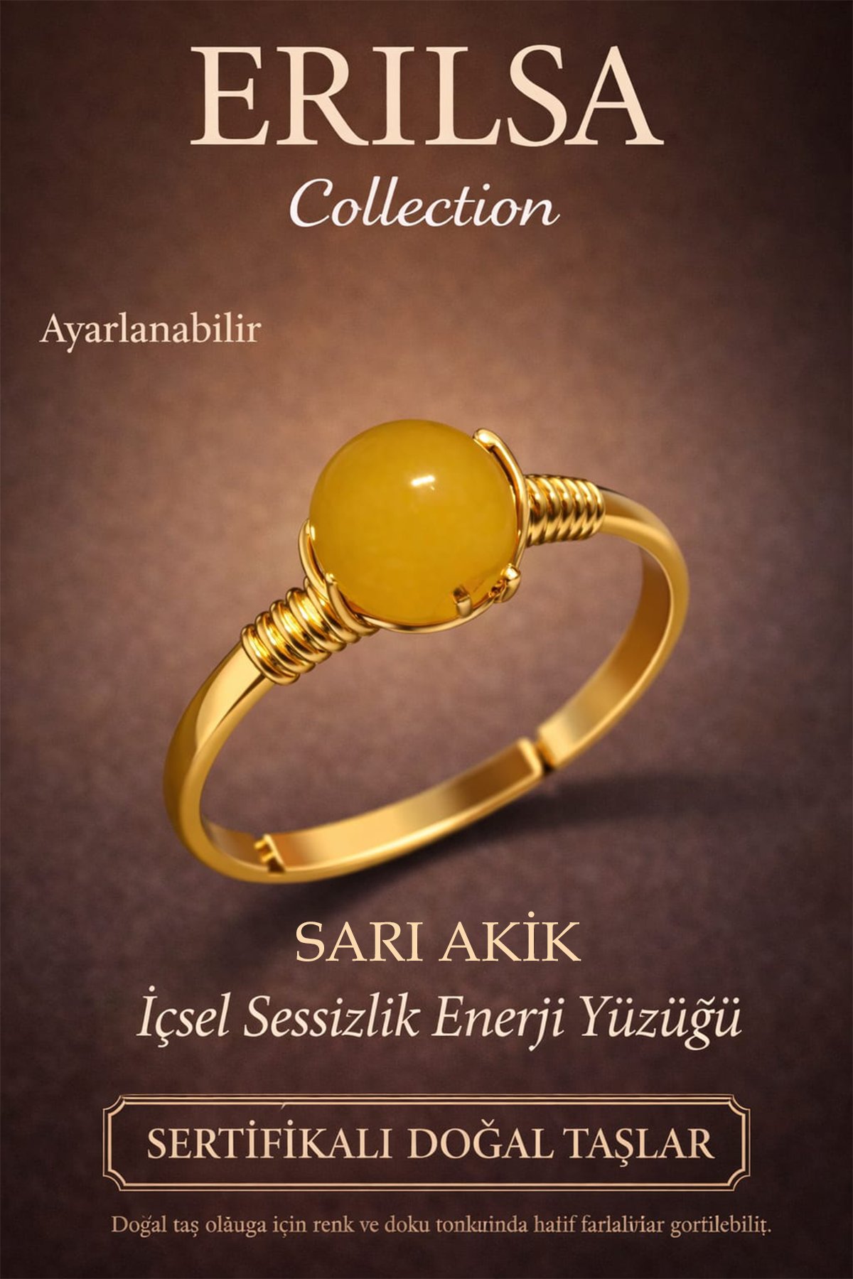 Sertifikalı İçsel Sessizlik Enerji Yüzüğü – Sarı Akik Taşı Ayarlamalı Gold İnce Başak Oğlak Burcu