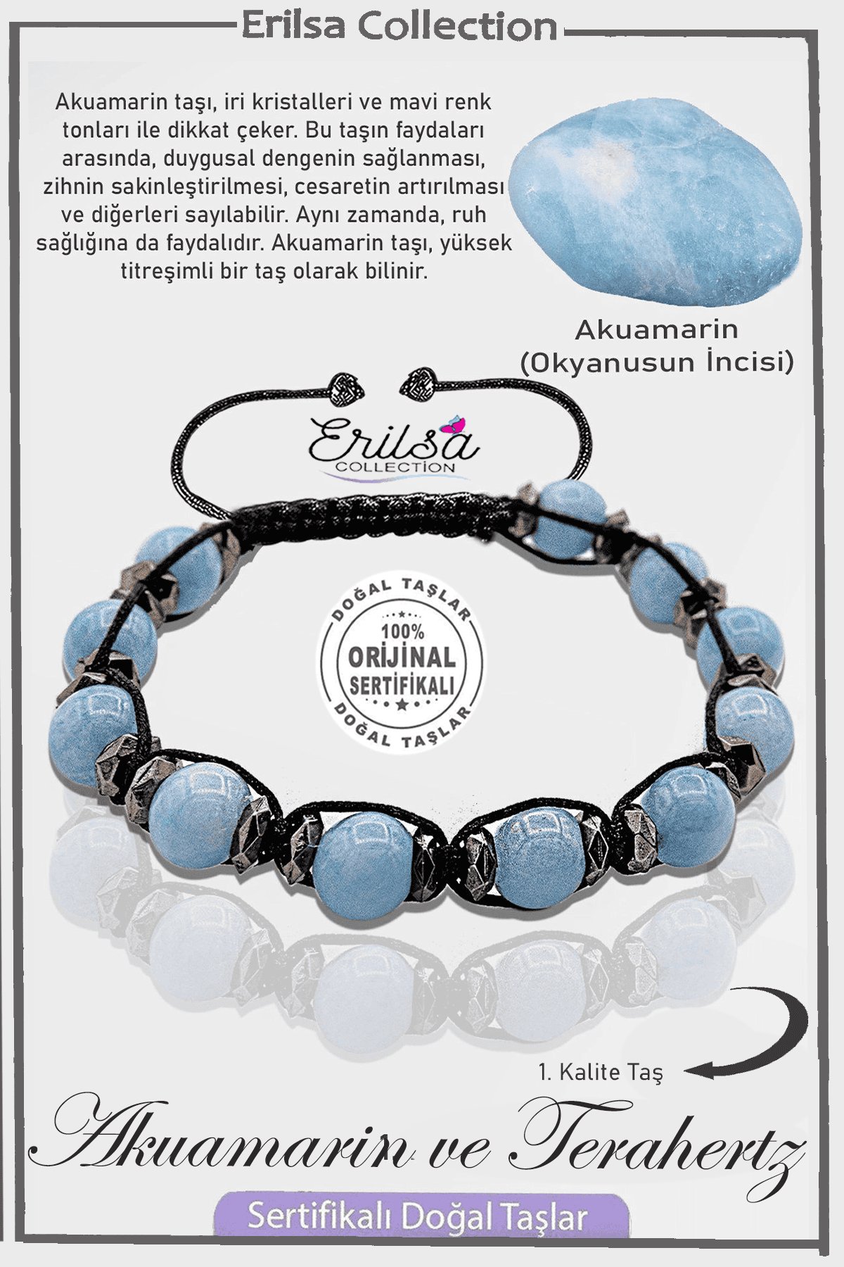 Sertifikalı Gerçek AAA+ Terahertz - Akuamarin Taşı Bileklik