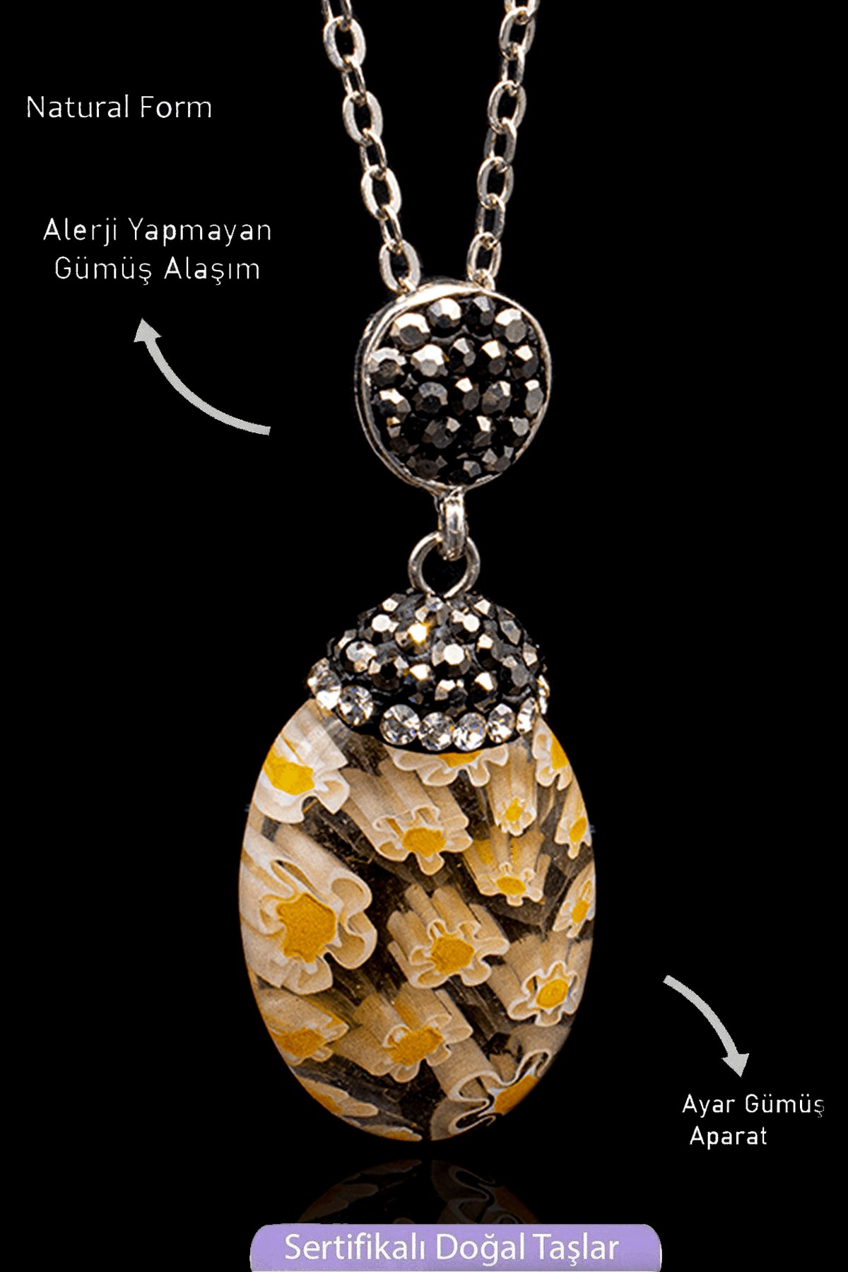 Sertifikalı Zirkon Taşlı Model Sarı Murano Kuvars Taşı Kolye