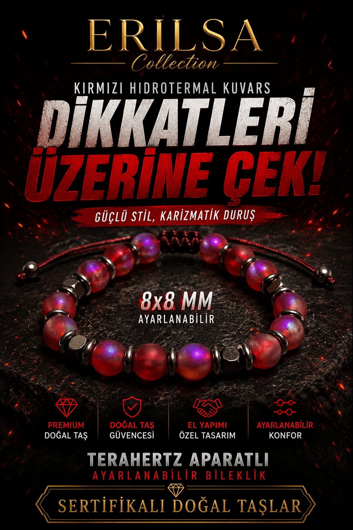 Sertifikalı Terahertz - Aura Kırmızı Hidrotermal Kuvars Taşı Bileklik - 8 MM Doğal Taş