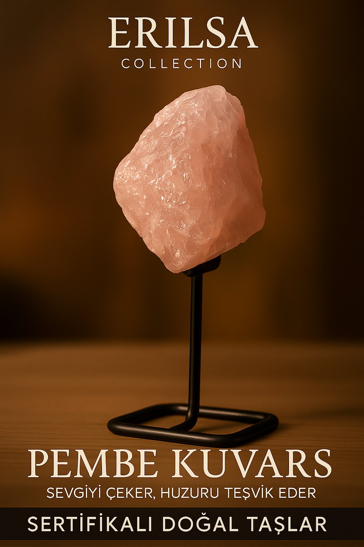 Sertifikalı Doğal Ham Pembe Kuvars Taşı Standlı Obje – Sevgi, Şefkat ve Kalp Şifası Taşı