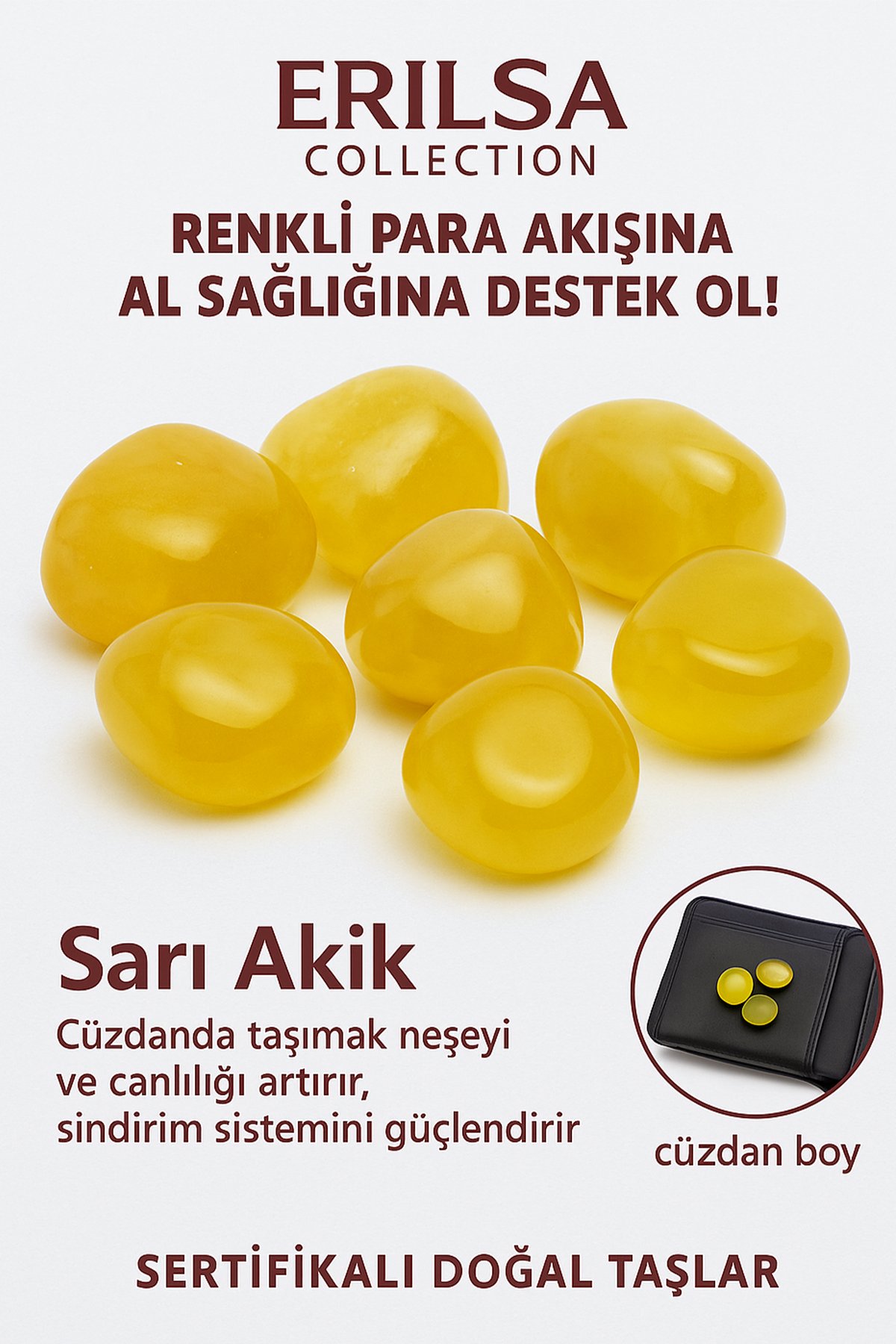 Sertifikalı Cüzdan Boy Tamburlanmış Sarı Akik Taşı Kütle