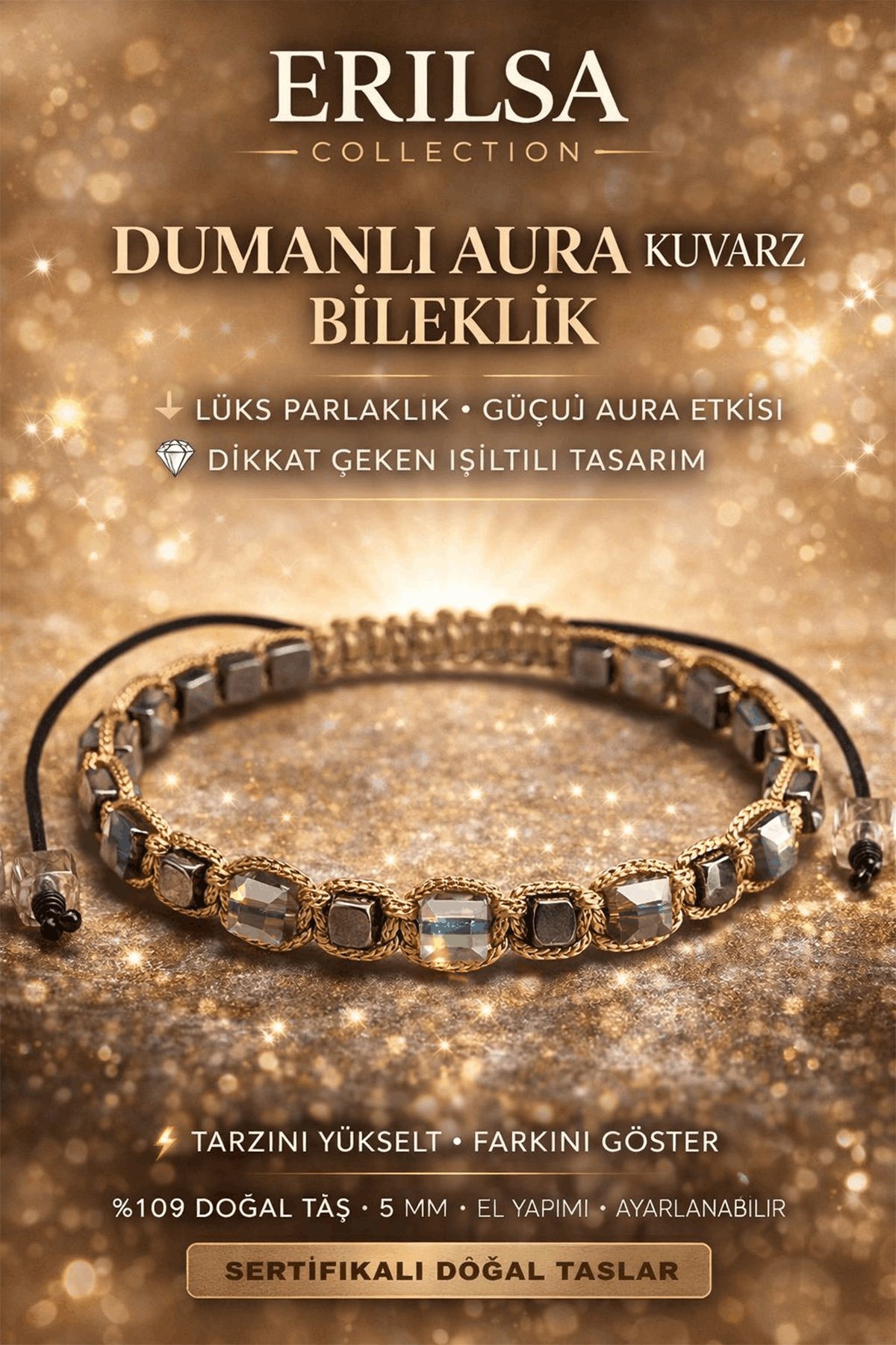 Sertifikalı Doğal Taş Dumanlı Aura Kuvars Bileklik - Küp Kesim Fasetli Lüks Parlak Bileklik