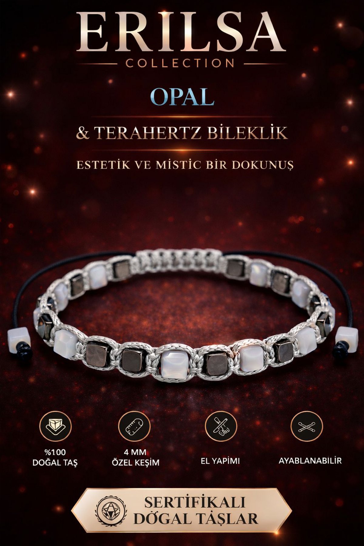 Sertifikalı Opal Taşı Terahertz Bileklik - 4 MM Küp Kesim – Doğal Taş El Yapımı Ayarlanabilir