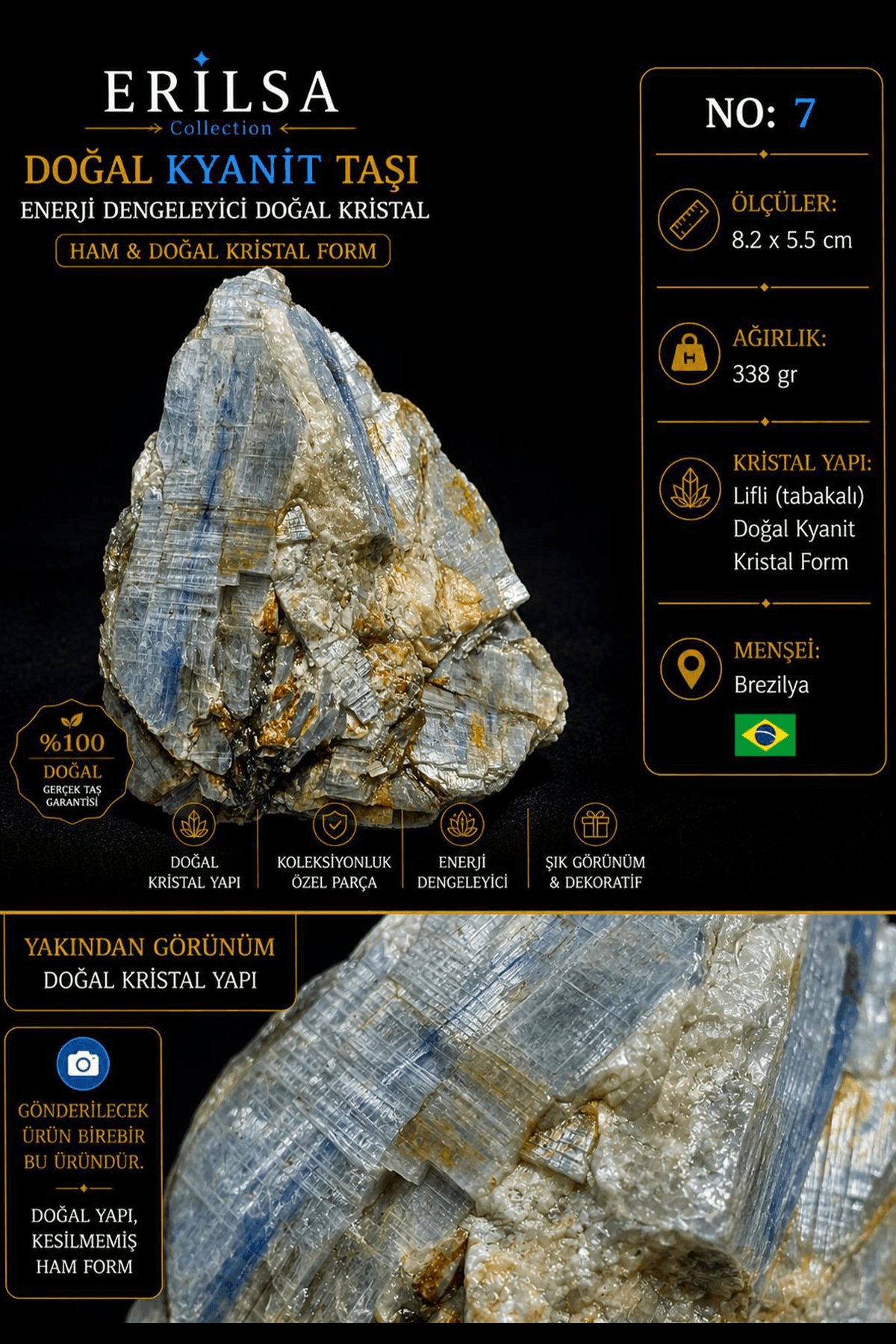 Sertifikalı Doğal Kyanit Taşı Kütle – Ham Mavi Kristal Koleksiyonluk Mineral Taşı NO7