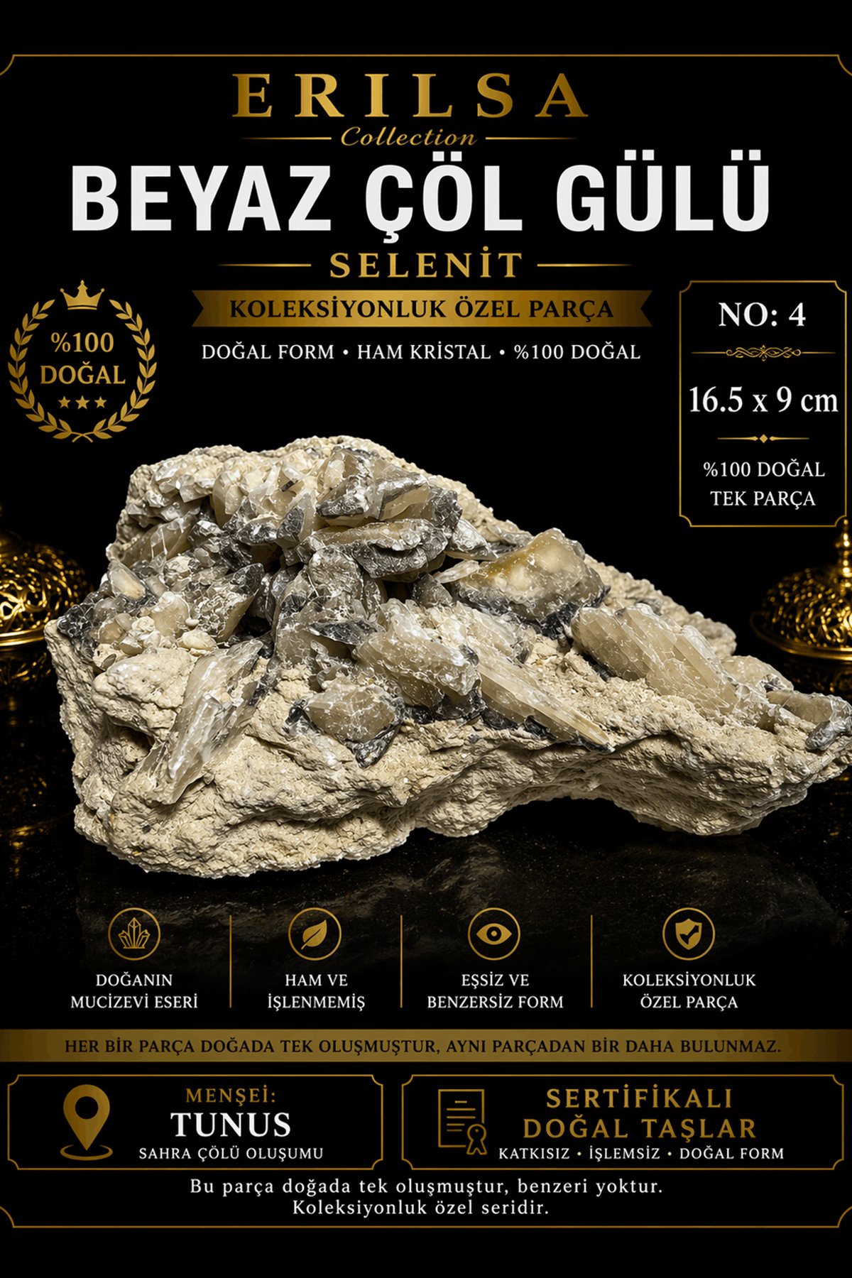 Sertifikalı Beyaz Çöl Gülü Selenit Taşı Kütle 16.5x9 cm Koleksiyonluk Doğal Tek Parça