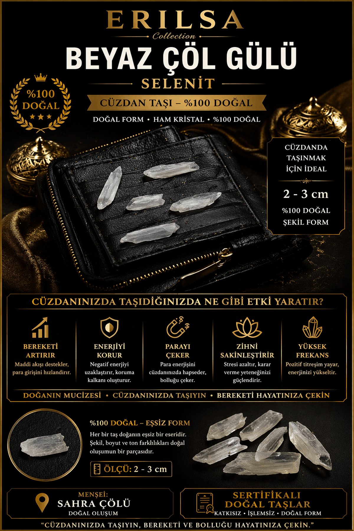 Sertifikalı Beyaz Çöl Gülü Selenit Taşı Kütle - Cüzdan Taşı 2-3 cm Doğal Ham Kristal