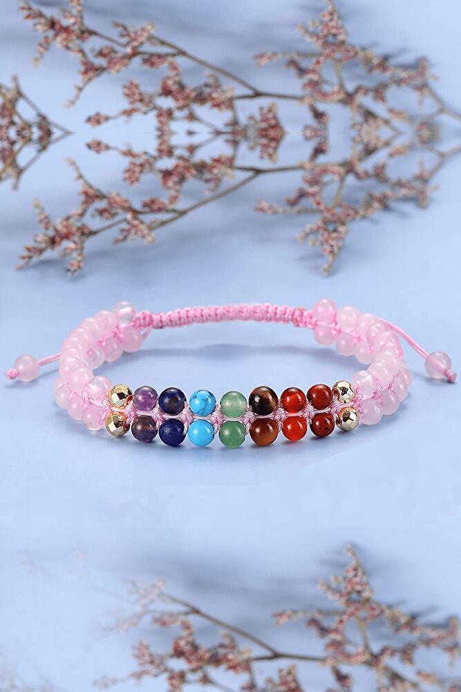 Pembe Kuvars 7 Çakra Doğal Taş Bileklik - Ametist Lapis Firuze Aventurin Kaplan Gözü Akik Jasper