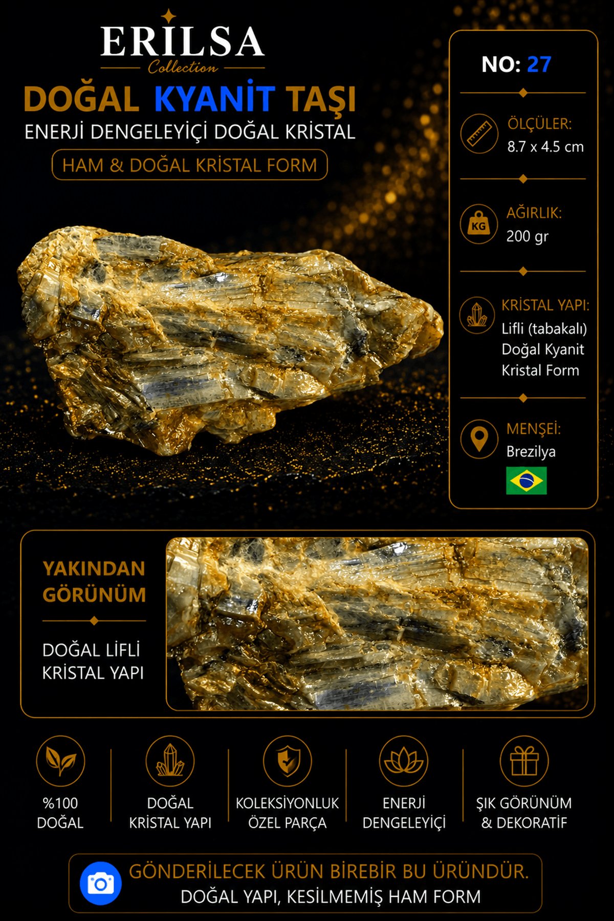 Sertifikalı Doğal Kyanit Taşı Ham Kristal Dekoratif Mineral Kaya No 27